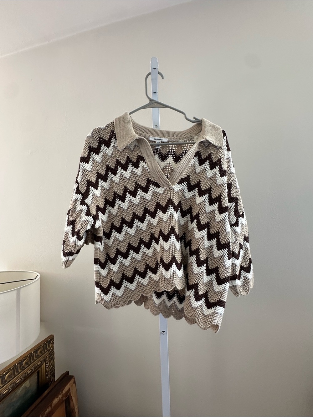 Splendid Crochet V-Neck Zigzag Sweater in Beige, Cream & Brown